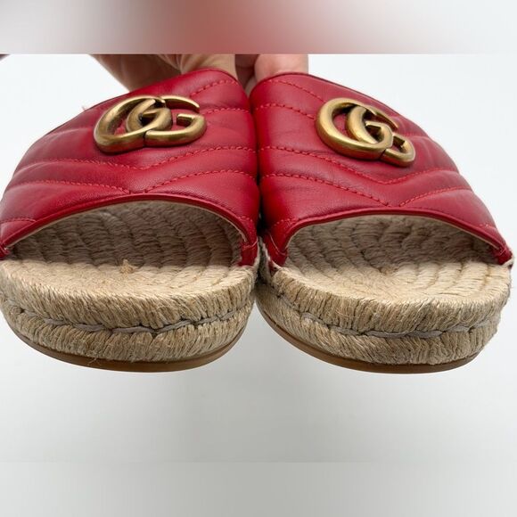 Gucci Pilar GG Marmont Leather Espadrille Slide Sandals Red Matelassé EU 38 US 8 - Picture 6 of 12